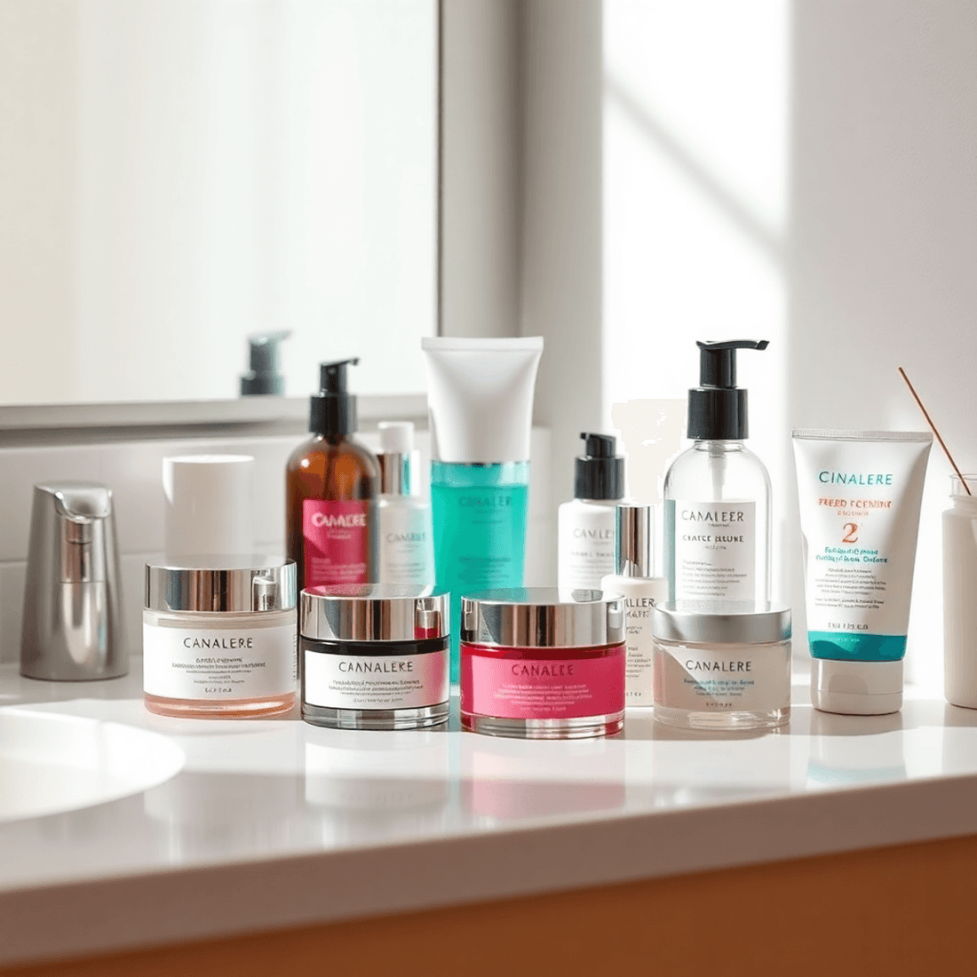 Un comptoir de salle de bains serein affichant des produits de soin de la peau soigneusement disposés, tels que des hydratants, des nettoyants et de la crème so