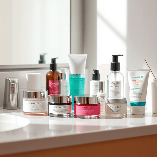 Un comptoir de salle de bains serein affichant des produits de soin de la peau soigneusement disposés, tels que des hydratants, des nettoyants et de la crème so