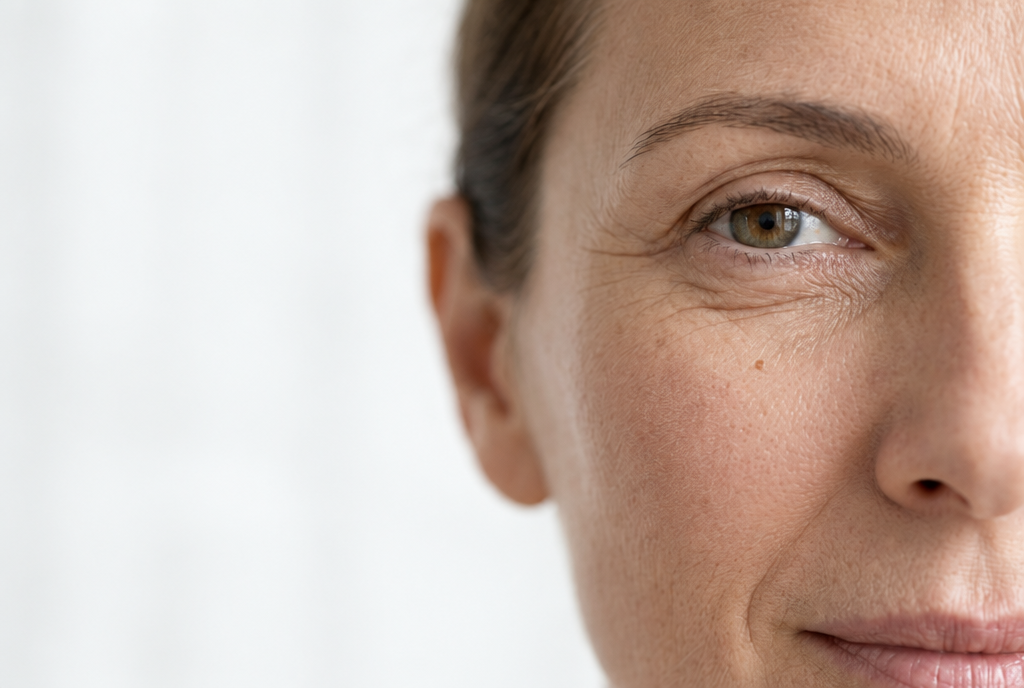 Poches sous les yeux qui ne partent pas : contour de l'œil d'une femme en lumière douce